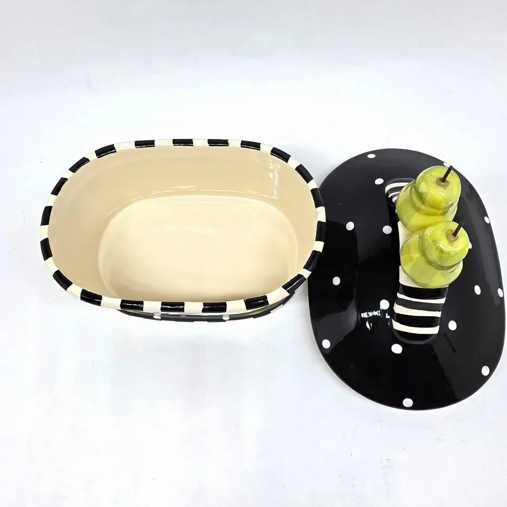Lynn Morris Studio Pottery Black White Polka Dots Green Pear Covered Dish VGC